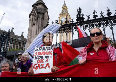Rot gekleidete Demonstranten treffen sich zu einer Demonstration der Roten Linie für Palästina, die das Parlament umgab, die von der Palästinensischen Solidaritätskampagne am 4. Juni 2025 in London, Großbritannien, organisiert wurde. Es findet während der Fragen des Premierministers statt, in denen ein vollständiges Waffenembargo und Sanktionen gegen Israel gefordert wurden. Stockfoto