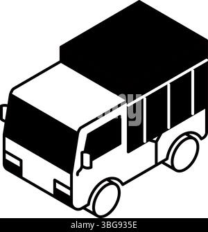 Fahrzeugsymbol, einfache und niedliche isometrische schwarz-weiße Linienzeichnung Symbol eines leichten Lkws mit Motorhaube, Vektor-Illustration Stock Vektor