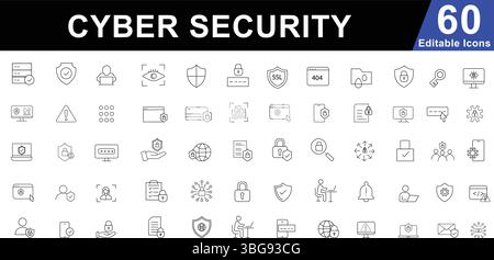 Symbole für Cyber Security Line festgelegt. Symbole Für Datenschutz, Netzwerksicherheit, Datenschutz Und Digitale Bedrohungen. Editierbarer Vektor Stock Vektor