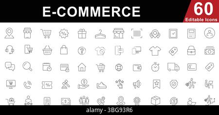 E-Commerce Line Icons Set – Symbole für Online-Shopping, Shop, Zahlung und Lieferung Stock Vektor