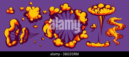 Comic Feuer Wolke Vektor mit Comic Explosion und Rauch auf lila Hintergrund. Gelbe und orangene Flammen und Wolken im Cartoon-Stil. Ideal für Action Stock Vektor