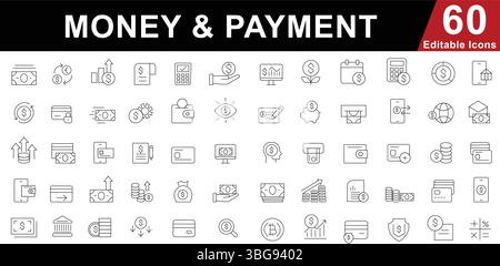 Symbole für Geld- und Zahlungspositionen - Finanz-, Banking-, E-Commerce- und Transaktionssymbole Stock Vektor