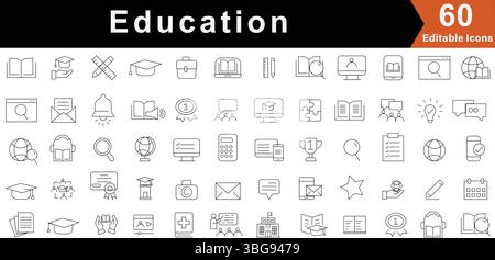 Symbolsatz Für Bildungslinien – Symbole Für Lernen, Schule, Universität Und Wissen. Bearbeitbare Symbole für Vektorlinien Stock Vektor