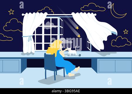 Eine gemütliche, minimalistische Illustration alltäglicher Momente mit Storytelling-Elementen. Eine Frau, die fallende Sterne von einem Fenster aus beobachtet. Spiegelt Hoffnung wider, Soli Stockfoto