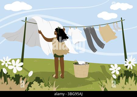 Eine gemütliche, minimalistische Illustration alltäglicher Momente mit Storytelling-Elementen. Eine Frau, die bei schönem Wetter draußen Wäsche aufhängt. Spiegelt Frieden wider Stockfoto