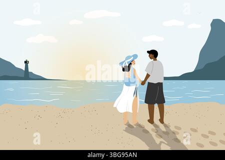 Eine gemütliche, minimalistische Illustration alltäglicher Momente mit Storytelling-Elementen. Ein Paar, das am Sonnenuntergang am Strand Hände hält. Warme emotionale Töne Stockfoto
