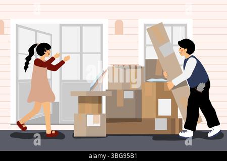 Eine gemütliche, minimalistische Illustration alltäglicher Momente mit Storytelling-Elementen. Ein Paar zieht in ein neues Haus mit vielen Kisten. Erfasst Emotio Stockfoto