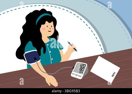 Eine gemütliche, minimalistische Illustration alltäglicher Momente mit Storytelling-Elementen. Eine Frau, die zu Hause ihren Blutdruck kontrolliert. Erfasst Gesundheit awar Stockfoto