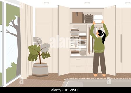 Eine gemütliche, minimalistische Illustration alltäglicher Momente mit Storytelling-Elementen. Eine Frau, die Decken in einen Kleiderschrank organisiert. Steht für Ordnung, Stockfoto