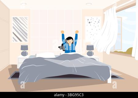 Eine gemütliche, minimalistische Illustration alltäglicher Momente mit Storytelling-Elementen. Eine verschlafene Frau, die im Bett gähnt. Fängt ruhige Momente am Morgen ein Stockfoto