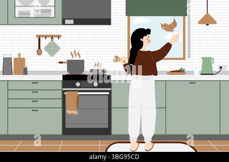 Eine gemütliche, minimalistische Illustration alltäglicher Momente mit Storytelling-Elementen. Eine Frau, die kocht, während sie mit einem Vogel interagiert. Hebt Freude hervor Stockfoto