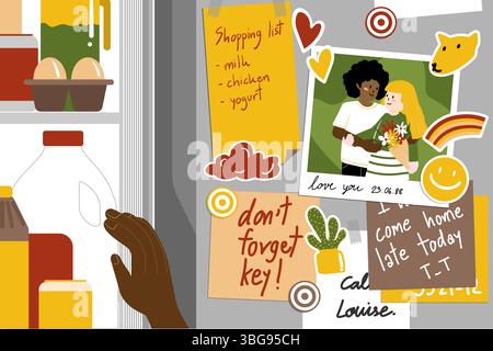 Eine gemütliche, minimalistische Illustration alltäglicher Momente mit Storytelling-Elementen. Eine Hand, die einen Kühlschrank öffnet, der mit Notizen und Fotos dekoriert ist. Aufnahmen Stockfoto