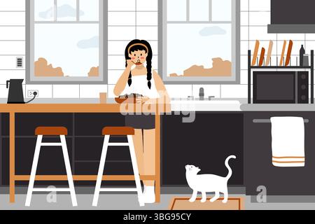 Eine gemütliche, minimalistische Illustration alltäglicher Momente mit Storytelling-Elementen. Eine Frau, die mit ihrer Katze frühstückt. Warme Küche Momentfüllung Stockfoto