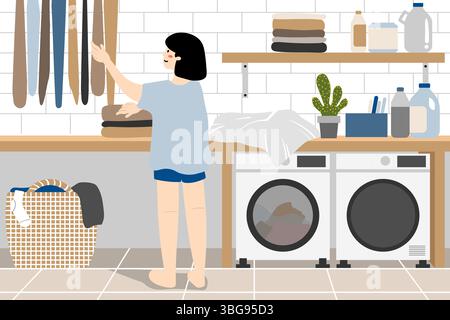 Eine gemütliche, minimalistische Illustration alltäglicher Momente mit Storytelling-Elementen. Eine Frau hängt Kleidung in einem sauberen, gemütlichen Waschraum. Spiegelt h wider Stockfoto