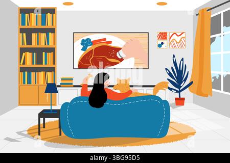 Eine gemütliche, minimalistische Illustration alltäglicher Momente mit Storytelling-Elementen. Eine Frau, die mit ihrem Hund fernsieht. Erfasst den Komfort des Wohnhauses und b Stockfoto
