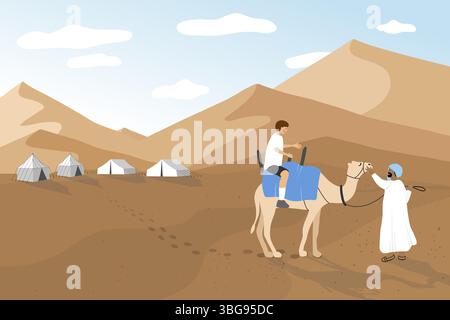 Eine gemütliche, minimalistische Illustration alltäglicher Momente mit Storytelling-Elementen. Ein Mann, der auf einem Kamel durch die Wüste reitet. Fängt Abenteuer ein, trad Stockfoto