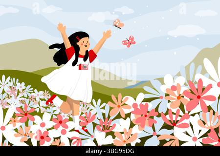 Eine gemütliche, minimalistische Illustration alltäglicher Momente mit Storytelling-Elementen. Ein Mädchen, das fröhlich durch ein Bergblumenfeld läuft. Expresse Stockfoto