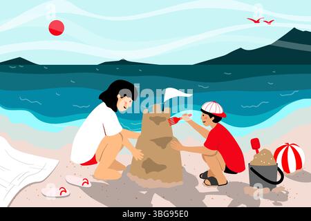 Eine gemütliche, minimalistische Illustration alltäglicher Momente mit Storytelling-Elementen. Geschwister bauen eine Sandburg. Fängt spielerische Sommeratmosphäre ein und Stockfoto