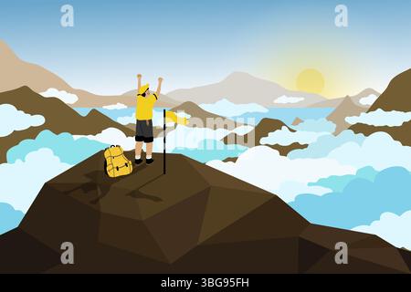 Eine gemütliche, minimalistische Illustration alltäglicher Momente mit Storytelling-Elementen. Ein Mann, der Erfolg auf einem Berg feiert. Bringt Leistung zum Ausdruck, Stockfoto