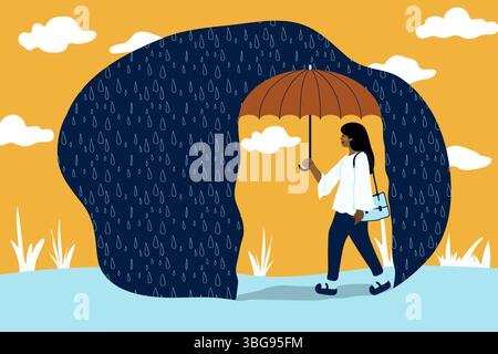 Eine gemütliche, minimalistische Illustration alltäglicher Momente mit Storytelling-Elementen. Eine lächelnde Frau, die mit einem Regenschirm durch den Regen geht. Erfasst p Stockfoto