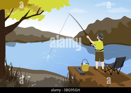 Eine gemütliche, minimalistische Illustration alltäglicher Momente mit Storytelling-Elementen. Ein Mann, der auf einer Holzbrücke fischt. Fängt die ruhige Natur am Morgen ein Stockfoto