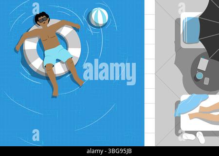 Eine gemütliche, minimalistische Illustration alltäglicher Momente mit Storytelling-Elementen. Ein Mann, der in einem Sommerpool von oben schwimmt. Strahlt Tranquili aus Stockfoto