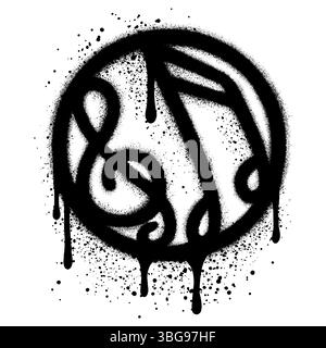 Das Symbol für den Treble-Schlüssel und die Spraynotizen werden separat auf einem weißen Hintergrund innerhalb eines Kreises gesprüht Stock Vektor