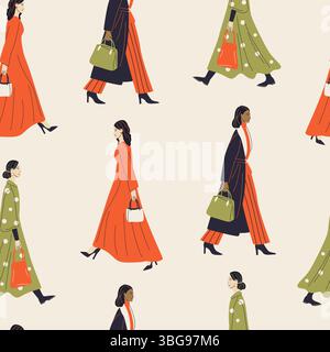 Nahtloses Muster für Damen in stylischen Outfits. Stock Vektor