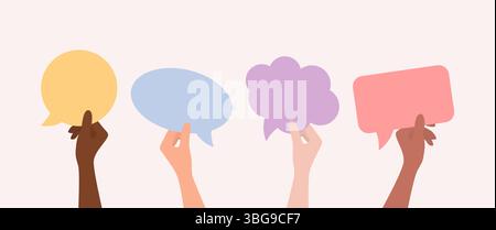 Hände von Menschen verschiedener Nationalitäten und Hauttöne, die farbige Sprechblasen verschiedener Formen halten. Illustration des flachen Vektors Stock Vektor