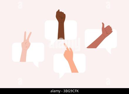 Hände mit unterschiedlichen Hauttönen, die unterschiedliche Gesten in Sprechblasen zeigen. Illustration des flachen Vektors Stock Vektor