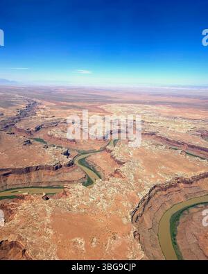 Aus der Vogelperspektive eines sich windenden grünen Flusses, der durch riesige Canyons aus rotem Felsen in Utah schneidet. Stockfoto