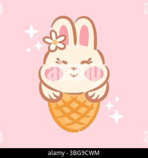 Diese Vektor-Illustration zeigt ein niedliches und lustiges Kawaii-Kaninchen mit einer Blume auf dem Kopf, das in einer skurrilen Eiskegel sitzt. Die des Stock Vektor