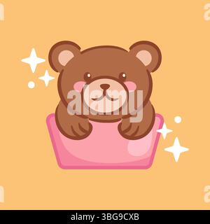 Diese Vektor-Illustration zeigt einen niedlichen und lustigen Kawaii-Bären, der kuschelig in einer rosa Eisbecher sitzt, die mit bunten Sternen geschmückt ist. Das charmante Design Stock Vektor