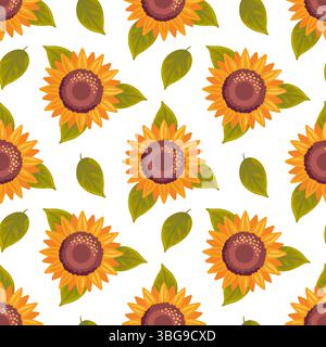 Das nahtlose Muster zeigt leuchtende Sonnenblumen in voller Blüte, die ihre fröhlichen gelben Blütenblätter gegen zeigen. Das Design spiegelt das Wesen von Summe wider Stock Vektor