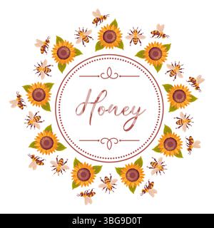 Diese lebendige Vektor-Illustration zeigt Bienen, die um helle Sonnenblumen in einem kreisförmigen Rahmen herumschwirren. Lebendige Farben und natürliche Elemente Stock Vektor