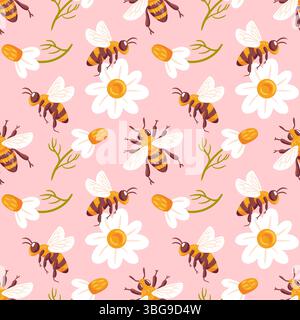 Ein bezauberndes, nahtloses Vektormuster mit Bienen und Gänseblümchen, das die Schönheit der Natur feiert. Dieses lebendige Design kombiniert verspielte Elemente und helle c Stock Vektor