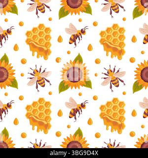 Nahtloses Muster mit Bienen, Waben und Sonnenblumen für ein lebendiges und fröhliches Design. Diese Illustration fängt das Wesen der Natur ein Stock Vektor