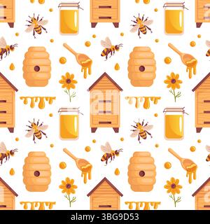 Ein bezauberndes nahtloses Vektormuster mit Bienenstöcken, Bienen, Honig und bunten Blumen. Dieses entzückende Design fängt die Schönheit der Natur und des ein Stock Vektor