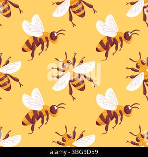 Ein nahtloses Muster mit niedlichen Bienen auf einem leuchtend gelben Hintergrund. Dieses Design fängt das Wesen der Natur und Verspieltheit ein und macht es ideal Stock Vektor