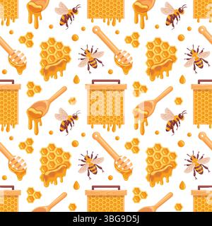 Ein wunderbares nahtloses Vektormuster mit Waben, Bienen und Honiglöffeln. Dieses charmante Design fängt die Essenz von Süße und Natur ein, Stock Vektor