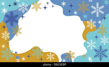 Festliches Kartendesign mit einem Rand aus weichen Blob-Formen, Schneeflocken und Sternen im flachen Cartoon-Stil. Ideal für Weihnachtsgrüße, saisonale Wünsche, an Stock Vektor