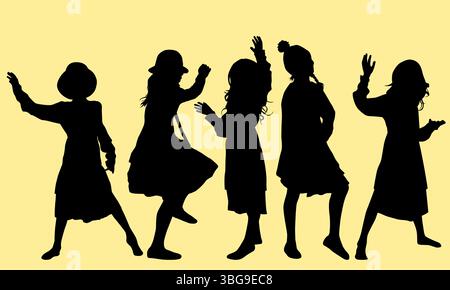 Silhouetten einer Gruppe von Frauen, die mit Reflexionen auf hellem Hintergrund tanzen Stock Vektor