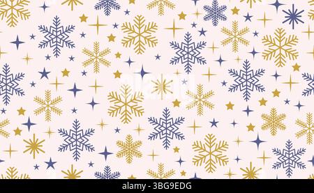 Fröhliches nahtloses Muster mit Schneeflocken und Sternen im flachen Cartoon-Stil. Ideal für Weihnachtsbasteln, Grußkarten, Textildrucke und Urlaub Stock Vektor