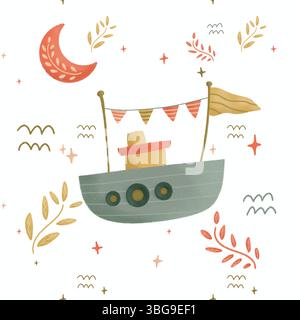 Nahtloses Marine-Muster mit Segelschiffen und Booten. Perfekt für Stoff, Babykleidung und Textilien. Niedlicher nautischer Hintergrund mit Sommermuster. Stockfoto