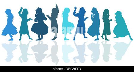Silhouetten einer Gruppe von Frauen, die mit Reflexionen auf hellem Hintergrund tanzen Stock Vektor