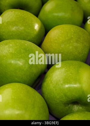 Eine Sammlung frischer grüner Äpfel ist ordentlich auf einem lokalen Markt angeordnet. Ihre glänzende Oberfläche fängt das Licht ein und zeigt ihre klare Textur und ihren hauch Stockfoto