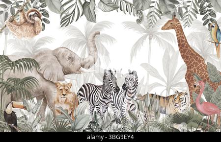 Große Safari Tiere Wallpaper: Elefant, Zebra, Tiger, Giraffe, Vögel im stummen Dschungel Stockfoto