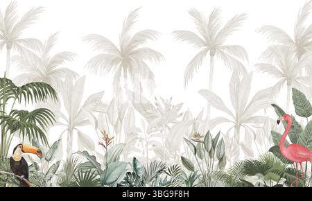 Tropische Dschungeltapete: Tukan und Flamingo in üppiger grüner Palmenlandschaft Stockfoto