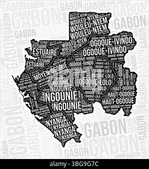 Gabun Regionen Karte Wortwolke. Namen der Region Gabun. Schwarz-weiß-Kartendesign. Fantastische Vektor-Illustration. Stock Vektor