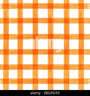 Orangefarbenes, nahtloses Halloween-Gingham-Aquarellmuster. Karierter, handgezeichneter Hintergrund Stockfoto